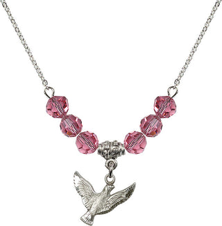 18" Rhodium Plated Necklace with 4mm Rose Crystal Beads featuring a Sterling Silver Holy Spirit Medal.