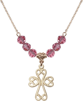 18" Hamilton Gold Plated Necklace with 4mm Rose Crystal Beads featuring a 14kt Gold Filled Scroll Cross Medal.