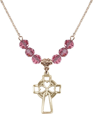18" Hamilton Gold Plated Necklace with 4mm Rose Crystal Beads featuring a 14kt Gold Filled Shamrock Cross Medal.