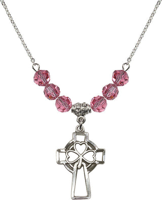 18" Rhodium Plated Necklace with 4mm Rose Crystal Beads featuring a Sterling Silver Shamrock Cross Medal.