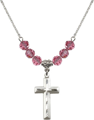 18" Rhodium Plated Necklace with 4mm Rose Crystal Beads featuring a Sterling Silver Cross Medal. Engraved Catholic Saint Jewelry