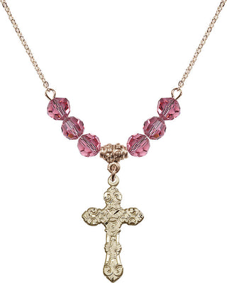 18" Hamilton Gold Plated Necklace with 4mm Rose Crystal Beads featuring a 14kt Gold Filled Cross Medal. Engraved Catholic Saint Jewelry