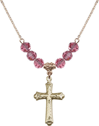 18" Hamilton Gold Plated Necklace with 4mm Rose Crystal Beads featuring a 14kt Gold Filled Cross Medal. Engraved Catholic Saint Jewelry