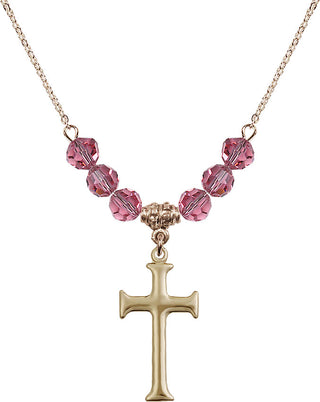 18" Hamilton Gold Plated Necklace with 4mm Rose Crystal Beads featuring a 14kt Gold Filled Cross Medal. Engraved Catholic Saint Jewelry