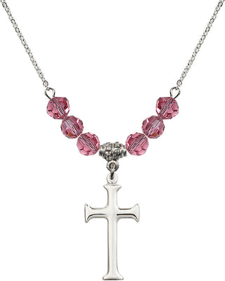 18" Rhodium Plated Necklace with 4mm Rose Crystal Beads featuring a Sterling Silver Cross Medal. Engraved Catholic Saint Jewelry
