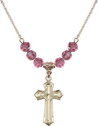 18" Hamilton Gold Plated Necklace with 4mm Rose Crystal Beads featuring a 14kt Gold Filled Cross Medal. Engraved Catholic Saint Jewelry