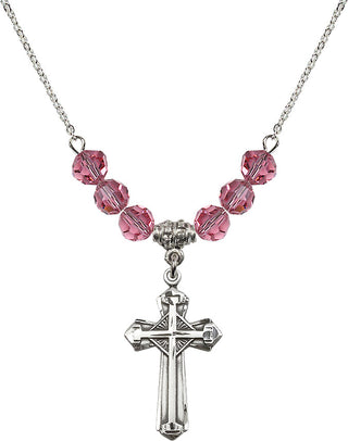 18" Rhodium Plated Necklace with 4mm Rose Crystal Beads featuring a Sterling Silver Cross Medal. Engraved Catholic Saint Jewelry