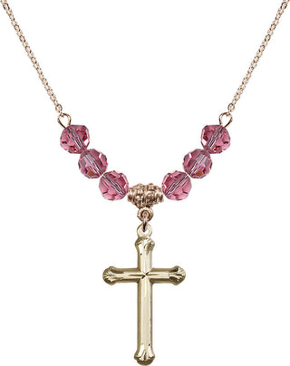 18" Hamilton Gold Plated Necklace with 4mm Rose Crystal Beads featuring a 14kt Gold Filled Cross Medal. Engraved Catholic Saint Jewelry