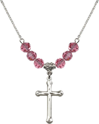 18" Rhodium Plated Necklace with 4mm Rose Crystal Beads featuring a Sterling Silver Cross Medal. Engraved Catholic Saint Jewelry