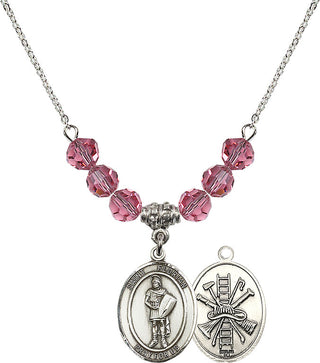 18" Rhodium Plated Necklace with 4mm Rose Crystal Beads featuring a Sterling Silver Saint Florian/Firefighter Medal.
