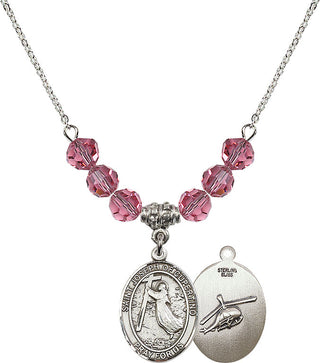 18" Rhodium Plated Necklace with 4mm Rose Crystal Beads featuring a Sterling Silver Saint Joseph of Cupertino/Heleco Medal.
