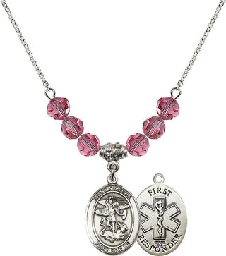 18" Rhodium Plated Necklace with 4mm Rose Crystal Beads featuring a Sterling Silver Saint Michael/1St Responder Medal.