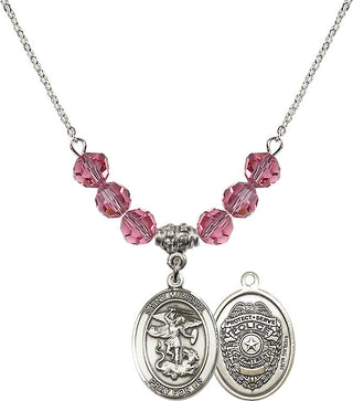 18" Rhodium Plated Necklace with 4mm Rose Crystal Beads featuring a Sterling Silver Saint Michael the Archangel Medal.