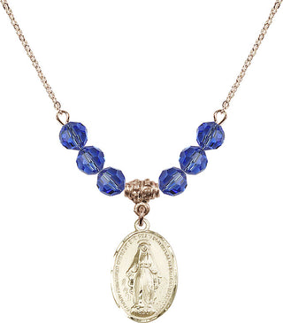 18" Hamilton Gold Plated Necklace with 4mm Sapphire Crystal Beads featuring a 14kt Gold Filled Miraculous Medal.