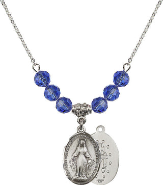 18" Rhodium Plated Necklace with 4mm Sapphire Crystal Beads featuring a Sterling Silver Miraculous Medal.