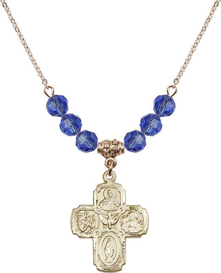 18" Hamilton Gold Plated Necklace with 4mm Sapphire Crystal Beads featuring a 14kt Gold Filled 5-Way Medal.