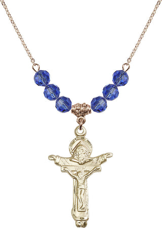 18" Hamilton Gold Plated Necklace with 4mm Sapphire Crystal Beads featuring a 14kt Gold Filled Trinity Crucifix Medal.