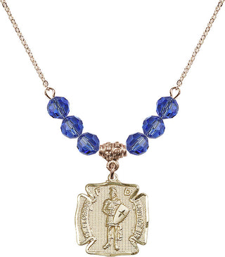 18" Hamilton Gold Plated Necklace with 4mm Sapphire Crystal Beads featuring a 14kt Gold Filled Saint Florian Medal. Engraved Catholic Saint Jewelry