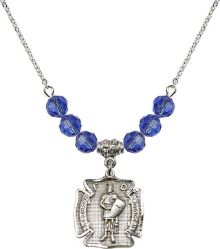 18" Rhodium Plated Necklace with 4mm Sapphire Crystal Beads featuring a Sterling Silver Saint Florian Medal. Engraved Catholic Saint Jewelry