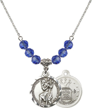 18" Rhodium Plated Necklace with 4mm Sapphire Crystal Beads featuring a Sterling Silver Saint Christopher / Air Force Medal.