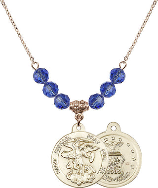 18" Hamilton Gold Plated Necklace with 4mm Sapphire Crystal Beads featuring a 14kt Gold Filled Saint Michael / Air Force Medal.