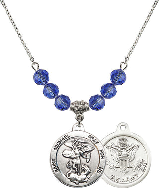 18" Rhodium Plated Necklace with 4mm Sapphire Crystal Beads featuring a Sterling Silver Saint Michael / Army Medal.