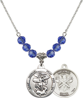 18" Rhodium Plated Necklace with 4mm Sapphire Crystal Beads featuring a Sterling Silver Saint Michael / Nat'l Guard Medal.