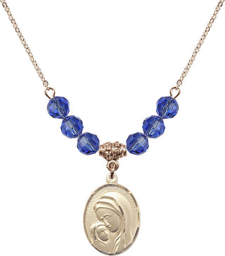 18" Hamilton Gold Plated Necklace with 4mm Sapphire Crystal Beads featuring a 14kt Gold Filled Madonna & Child Medal.