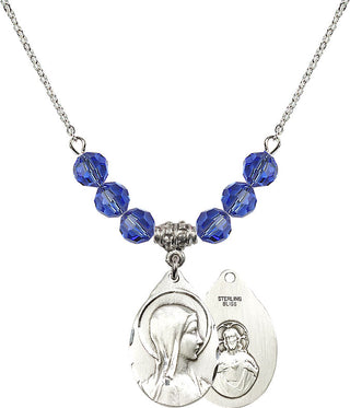 18" Rhodium Plated Necklace with 4mm Sapphire Crystal Beads featuring a Sterling Silver Sorrowful Mother Medal.