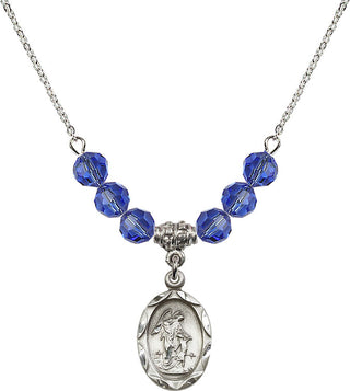 18" Rhodium Plated Necklace with 4mm Sapphire Crystal Beads featuring a Sterling Silver Guardian Angel Medal. Engraved Catholic Saint Jewelry