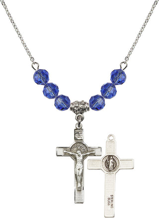 18" Rhodium Plated Necklace with 4mm Sapphire Crystal Beads featuring a Sterling Silver Saint Benedict Crucifix Medal.