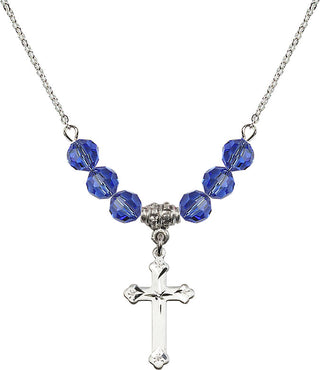 18" Rhodium Plated Necklace with 4mm Sapphire Crystal Beads featuring a Sterling Silver Cross Medal.