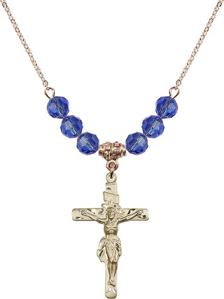 18" Hamilton Gold Plated Necklace with 4mm Sapphire Crystal Beads featuring a 14kt Gold Filled Crucifix Medal.
