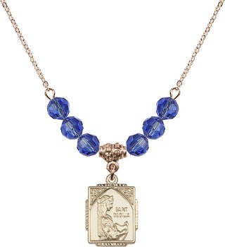 18" Hamilton Gold Plated Necklace with 4mm Sapphire Crystal Beads featuring a 14kt Gold Filled Saint Cecilia Medal. Engraved Catholic Saint Jewelry