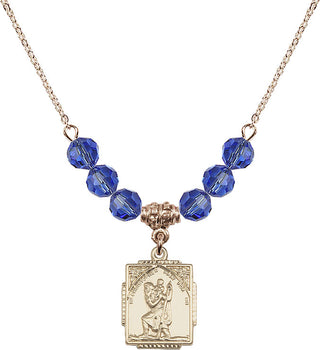 18" Hamilton Gold Plated Necklace with 4mm Sapphire Crystal Beads featuring a 14kt Gold Filled Saint Christopher Medal. Engraved Catholic Saint Jewelry