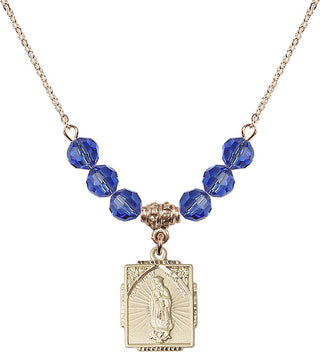 18" Hamilton Gold Plated Necklace with 4mm Sapphire Crystal Beads featuring a 14kt Gold Filled Our Lady of Guadalupe Medal. Engraved Catholic Saint Jewelry
