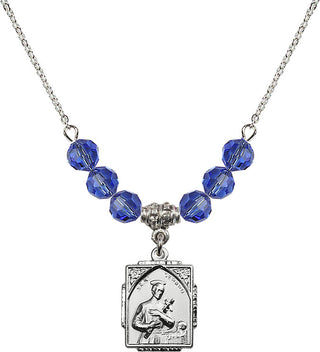 18" Rhodium Plated Necklace with 4mm Sapphire Crystal Beads featuring a Sterling Silver Saint Gerard Medal. Engraved Catholic Saint Jewelry