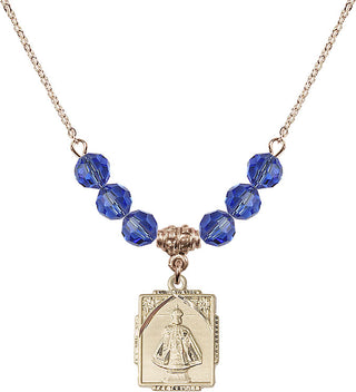 18" Hamilton Gold Plated Necklace with 4mm Sapphire Crystal Beads featuring a 14kt Gold Filled Infant of Prague Medal. Engraved Catholic Saint Jewelry