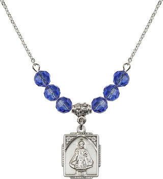 18" Rhodium Plated Necklace with 4mm Sapphire Crystal Beads featuring a Sterling Silver Infant of Prague Medal. Engraved Catholic Saint Jewelry