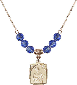 18" Hamilton Gold Plated Necklace with 4mm Sapphire Crystal Beads featuring a 14kt Gold Filled Saint Jude Medal. Engraved Catholic Saint Jewelry
