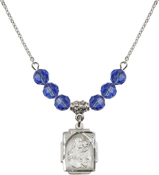 18" Rhodium Plated Necklace with 4mm Sapphire Crystal Beads featuring a Sterling Silver Saint Joseph Medal. Engraved Catholic Saint Jewelry
