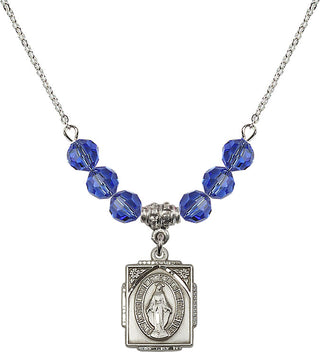 18" Rhodium Plated Necklace with 4mm Sapphire Crystal Beads featuring a Sterling Silver Miraculous Medal. Engraved Catholic Saint Jewelry