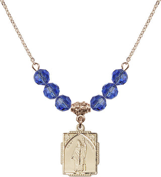18" Hamilton Gold Plated Necklace with 4mm Sapphire Crystal Beads featuring a 14kt Gold Filled Saint Patrick Medal. Engraved Catholic Saint Jewelry