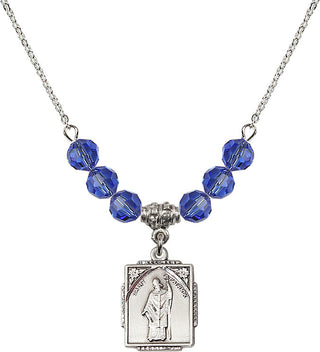 18" Rhodium Plated Necklace with 4mm Sapphire Crystal Beads featuring a Sterling Silver Saint Patrick Medal. Engraved Catholic Saint Jewelry