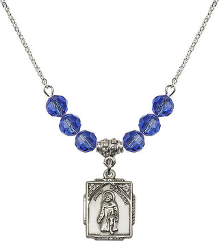 18" Rhodium Plated Necklace with 4mm Sapphire Crystal Beads featuring a Sterling Silver Saint Peregrine Medal. Engraved Catholic Saint Jewelry
