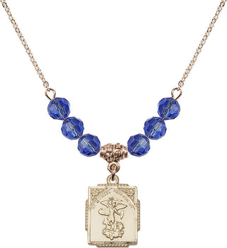 18" Hamilton Gold Plated Necklace with 4mm Sapphire Crystal Beads featuring a 14kt Gold Filled Saint Michael the Archangel Medal. Engraved Catholic Saint Jewelry