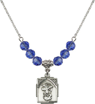 18" Rhodium Plated Necklace with 4mm Sapphire Crystal Beads featuring a Sterling Silver Saint Michael the Archangel Medal. Engraved Catholic Saint Jewelry