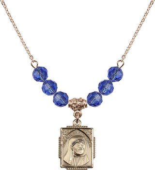18" Hamilton Gold Plated Necklace with 4mm Sapphire Crystal Beads featuring a 14kt Gold Filled Saint Teresa of Calcutta Medal. Engraved Catholic Saint Jewelry