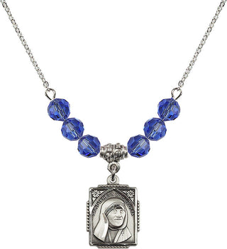 18" Rhodium Plated Necklace with 4mm Sapphire Crystal Beads featuring a Sterling Silver Saint Teresa of Calcutta Medal. Engraved Catholic Saint Jewelry