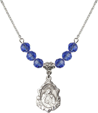 18" Rhodium Plated Necklace with 4mm Sapphire Crystal Beads featuring a Sterling Silver Saint Ann Medal. Engraved Catholic Saint Jewelry